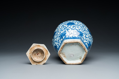 A Chinese hexagonal blue and white 'lotus scroll' vase and cover, Wanli