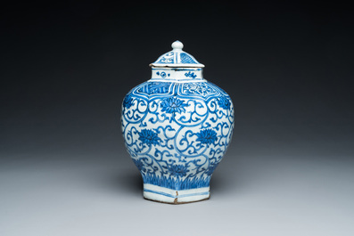 A Chinese hexagonal blue and white 'lotus scroll' vase and cover, Wanli