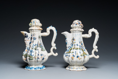 Two polychrome Italian fa&iuml;ence coffee pots and covers, Pesaro, 18th C.