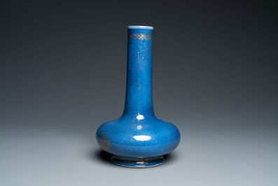 A Chinese gilt-decorated powder-blue-bottle vase, Kangxi mark but probably later