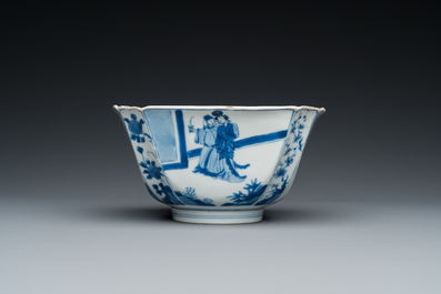 Een vierkante Chinese blauw-witte kom, Chenghua merk, Kangxi