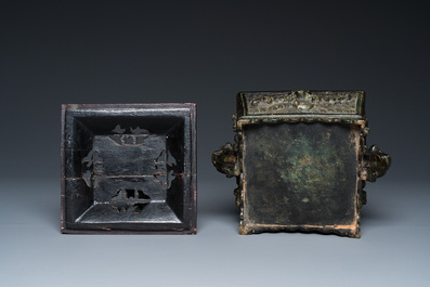 A Chinese inscribed square bronze censer, Ming