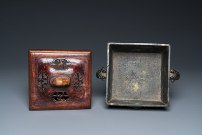 A Chinese inscribed square bronze censer, Ming