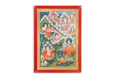 Een thangka met Luohan omringd met godheden, Tibet, 17/18e eeuw