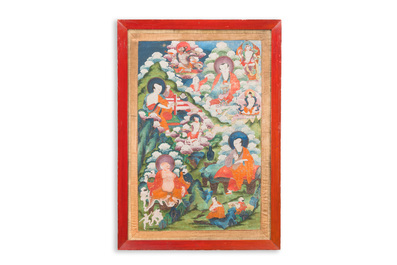 Thangka figurant quatre Luohans entour&eacute;s de divinit&eacute;s, Tibet, 17/18&egrave;me