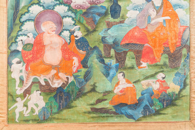 Thangka figurant quatre Luohans entour&eacute;s de divinit&eacute;s, Tibet, 17/18&egrave;me