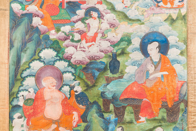 Thangka figurant quatre Luohans entour&eacute;s de divinit&eacute;s, Tibet, 17/18&egrave;me