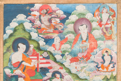 Thangka figurant quatre Luohans entour&eacute;s de divinit&eacute;s, Tibet, 17/18&egrave;me