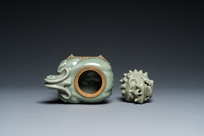 A Chinese gilt bronze-mounted Longquan celadon censer in the shape of a luduan, Ming