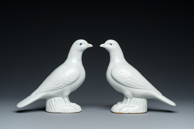 A pair of Chinese blanc de Chine pigeons, 19th C.