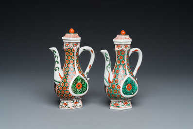 Two Chinese famille verte ewers and covers, Kangxi