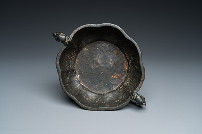 A Chinese archaistic bronze dragon-handled censer, Yuan