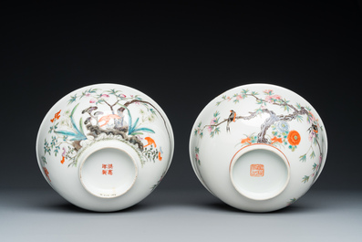 Two Chinese famille rose 'magpie and peaches' bowls, Xuantong marks but probably Republic