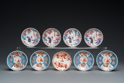 Sixteen Chinese famille rose and Imari-style saucers and seven cups, Kangxi and later