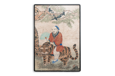 Korean school: 'Mountain spirit on a tiger', ink and colour on paper, Joseon, 19th C.