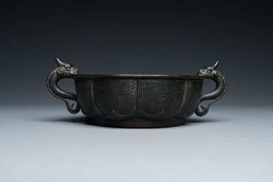 A Chinese archaistic bronze dragon-handled censer, Yuan