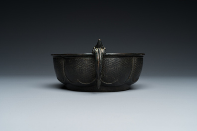 A Chinese archaistic bronze dragon-handled censer, Yuan