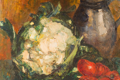 Sadji (Sha Qi, Sha Yinnian) (1914-2005): Stilleven met bloemkool, tomaten en een steengoed kan, olie op doek
