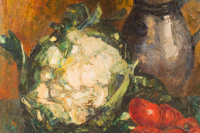 Sadji (Sha Qi, Sha Yinnian) (1914-2005): Nature morte d'un chou-fleur, de tomates et d'une aigui&egrave;re en gr&egrave;s, huile sur toile