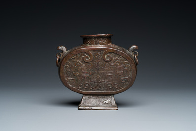 A Chinese archaistic bronze moonflask or 'bianhu', Song/Yuan