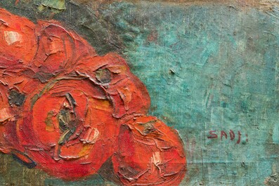 Sadji (Sha Qi, Sha Yinnian) (1914-2005): Stilleven met bloemkool, tomaten en een steengoed kan, olie op doek