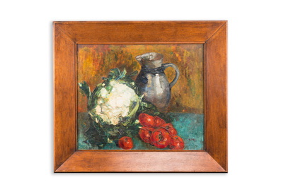 Sadji (Sha Qi, Sha Yinnian) (1914-2005): Still life with cauliflower, tomatoes and a stoneware ewer, oil on canvas