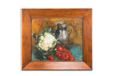 Sadji (Sha Qi, Sha Yinnian) (1914-2005): Nature morte d'un chou-fleur, de tomates et d'une aigui&egrave;re en gr&egrave;s, huile sur toile