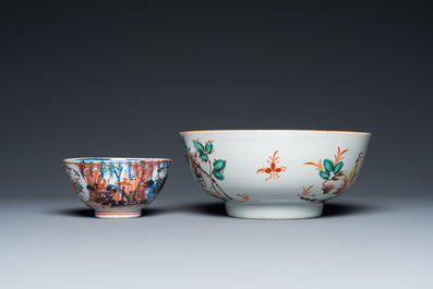 Twelve Chinese famille rose and Imari-style porcelain plates, two bowls and a platter, Kangxi/Qianlong