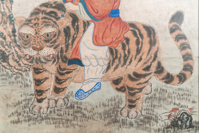Ecole cor&eacute;enne: 'Esprit de montagne sur un tigre', encre et couleurs sur papier, Jos&eacute;on, 19&egrave;me