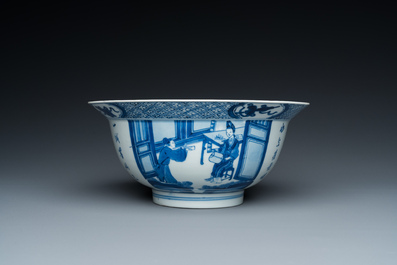 Een Chinese blauw-witte kom met gedichten, Kangxi merk en periode