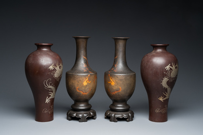 Deux paires de vases aux dragons sur socles en laque de Fuzhou ou Foochow, Chine, 19/20&egrave;me