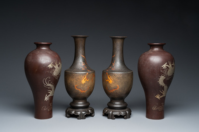 Two pairs of Chinese Fuzhou or Foochow lacquer 'dragon' vases on stands, 19/20th C.