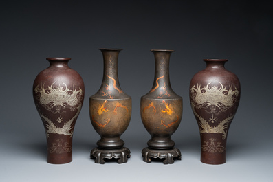 Two pairs of Chinese Fuzhou or Foochow lacquer 'dragon' vases on stands, 19/20th C.
