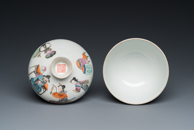 A Chinese famille rose bowl and cover with figurative design, Xianfeng mark and of the period