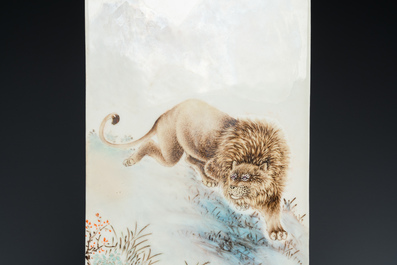 A Chinese rectangular plaque with a lion, signed Xu Tianmei 徐天梅, dated 1956