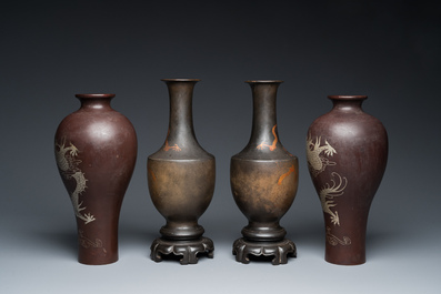 Two pairs of Chinese Fuzhou or Foochow lacquer 'dragon' vases on stands, 19/20th C.