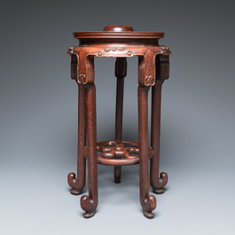 A large Chinese tripod censer on wooden base and display stand, Qing