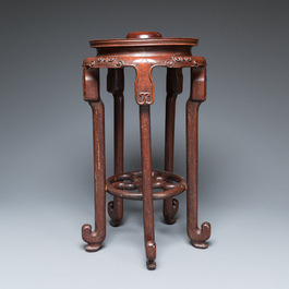 A large Chinese tripod censer on wooden base and display stand, Qing