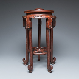 A large Chinese tripod censer on wooden base and display stand, Qing