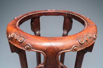 A large Chinese tripod censer on wooden base and display stand, Qing