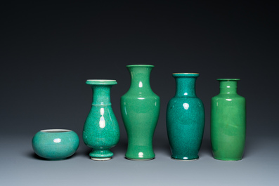 Four Chinese green-glazed vases and a brush washer, 19/20th C.