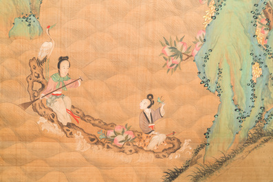 Chinese school, after Zhou Chen (1460-1535): River scene with immortals, ink and colour on silk, 18th C.