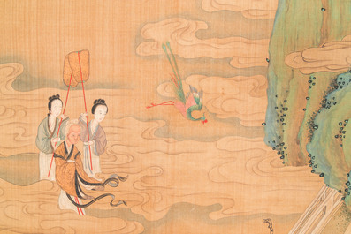 Chinese school, after Zhou Chen (1460-1535): River scene with immortals, ink and colour on silk, 18th C.