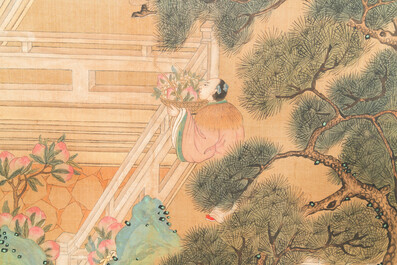 Ecole chinoise, d'apr&egrave;s Zhou Chen (1460-1535): Sc&egrave;ne fluviale aux immortels, encre et couleurs sur soie, 18&egrave;me
