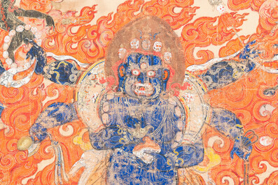 Een thangka op zijde met Mahakala, Tibet, 19e eeuw