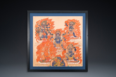 Een thangka op zijde met Mahakala, Tibet, 19e eeuw