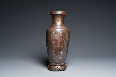 A Chinese copper- and silver-inlaid 'Shisou' bronze vase for the Vietnamese market, Rongtai 榮泰 mark, 19th C.