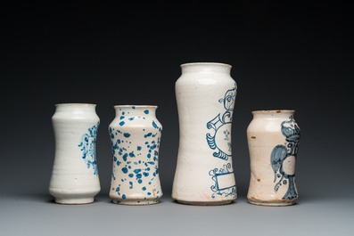 Four various blue and white albarelli or drug jars, Spain and Italy, 17/18th  C.