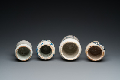 Four various blue and white albarelli or drug jars, Spain and Italy, 17/18th  C.