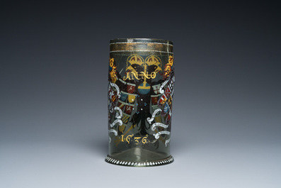 A German enamelled glass 'Reichsadler' humpen, probably Bohemia, dated 1636